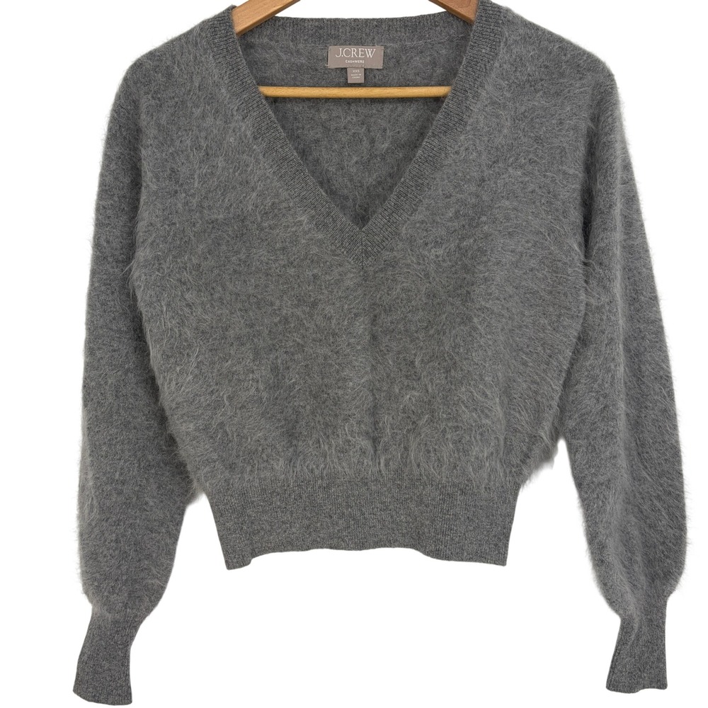 J.Crew Cashmere V-Neck Sweater Grey Fuzzy Cropped Knit Pullover XXS Fluffy, Soft